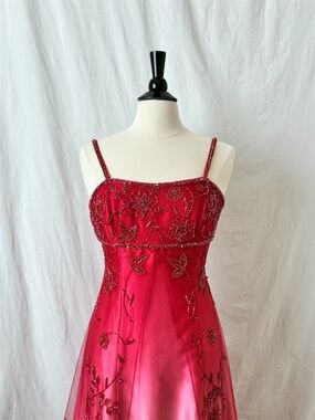 Vintage Hot Pink & Red Ombre Beaded Formal Gown